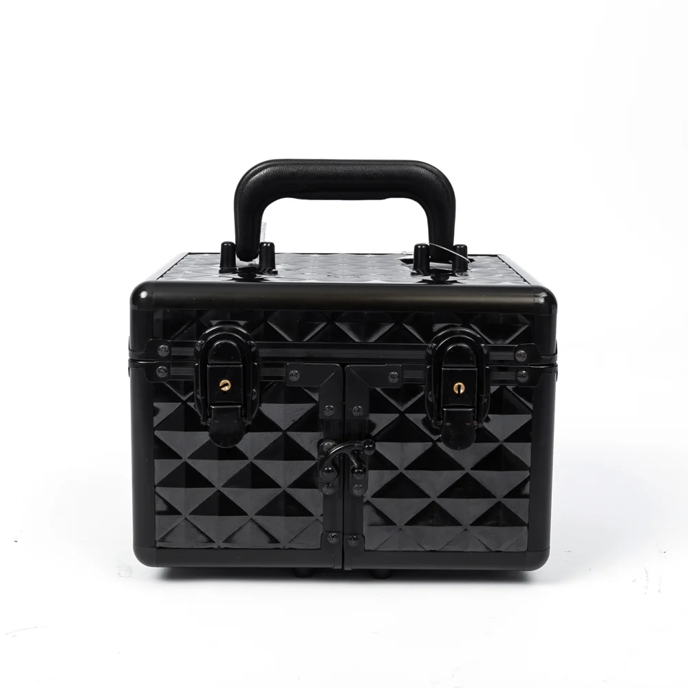 small makeup train case black diamond pattern cosmetic kit box with mirror