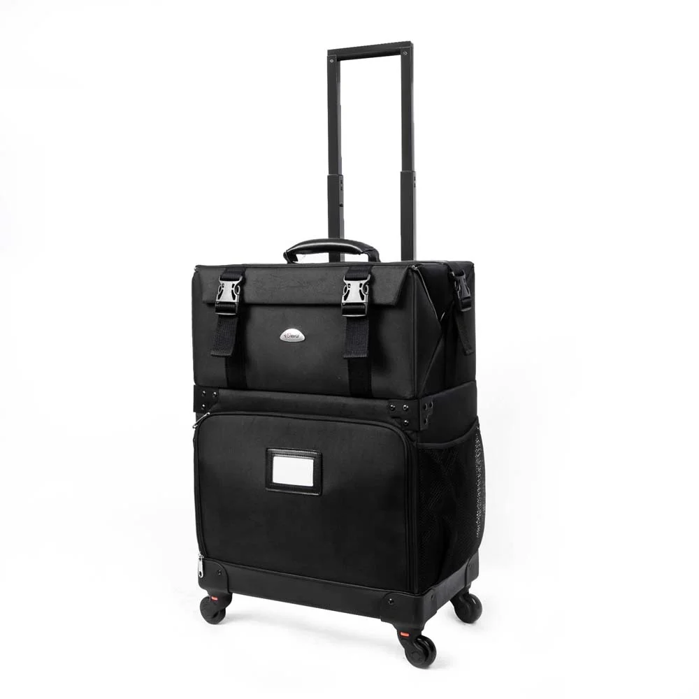 Expandable makeup training bag black rolling cosmetic bag on wheels
