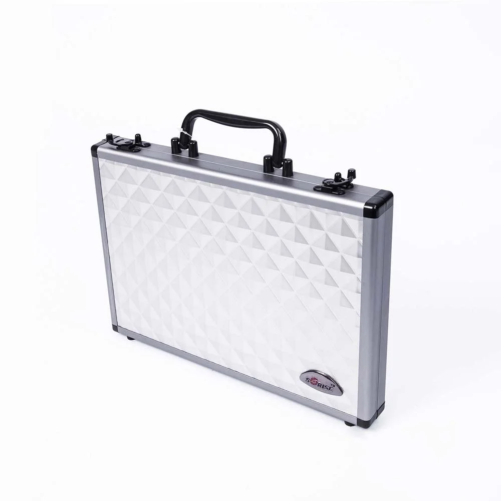 silver diamond texture beauty train case thin makeup eyebrow pencil suitcase